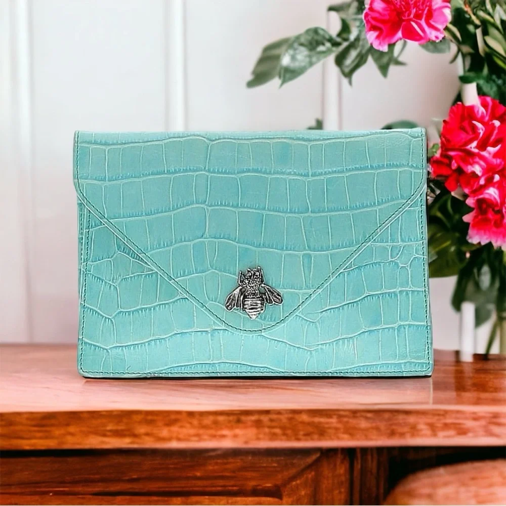 Vintage Teal Croc Embossed Leather Envelope Clutch w/ Silver Bumble Bee